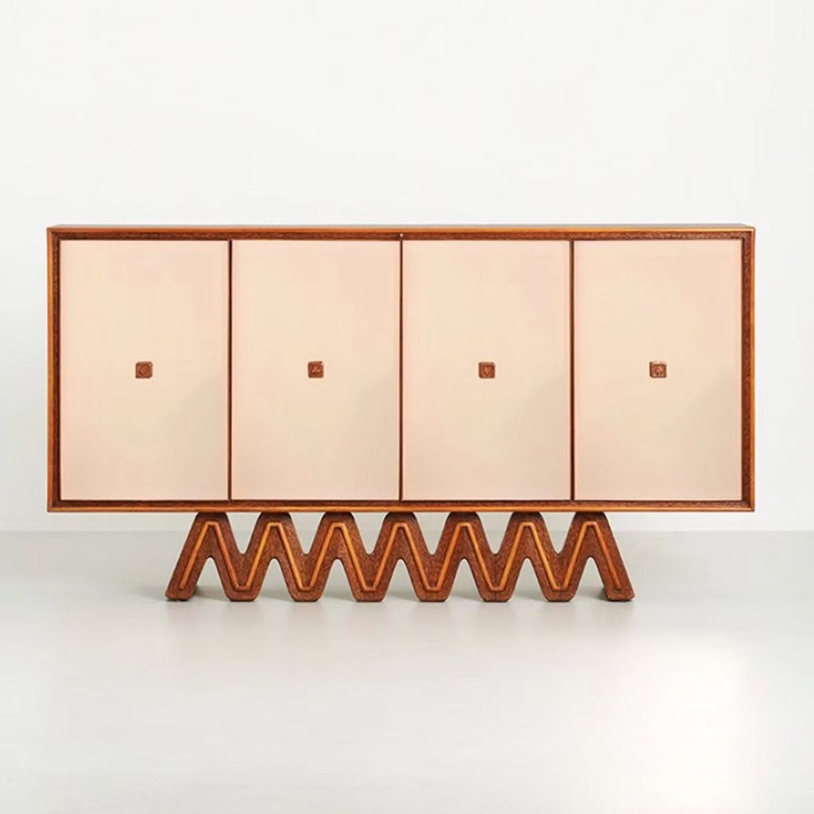 Modern Solid Wood Sideboard Cabinet, 4 Door Buffet Storage Cabinet with Geometric Wood Base, Cream and Walnut Dining Room Credenza, Living Room Accent Cabinet