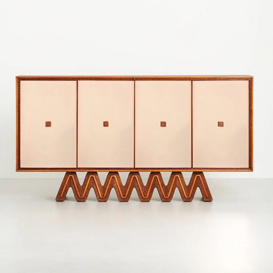 Modern Solid Wood Sideboard Cabinet, 4 Door Buffet Storage Cabinet with Geometric Wood Base, Cream and Walnut Dining Room Credenza, Living Room Accent Cabinet