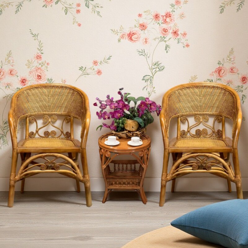Natural Rattan 3-Piece Bistro Set with 2 Armchairs and Side Table
