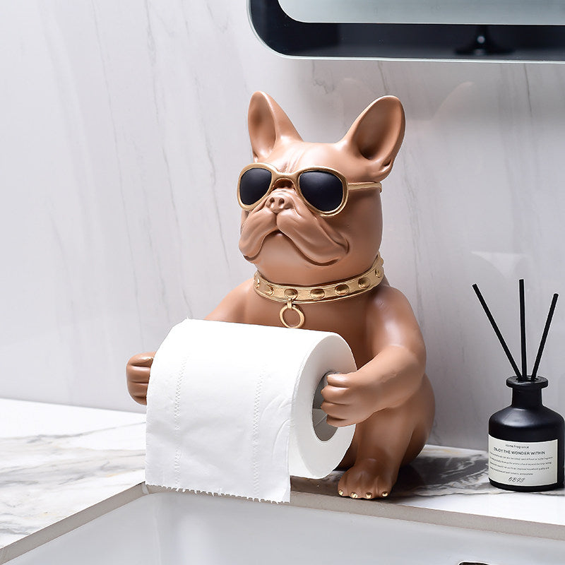 Mocha Brown Resin Bulldog Toilet Paper Holder Stand, Freestanding Dog Tissue Roll Dispenser with Sunglasses, Decorative Countertop Bathroom Organizer for Vanity, Guest Bath and Powder Room