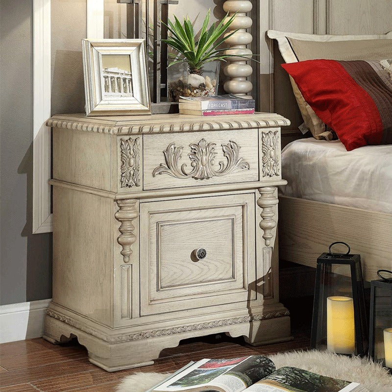 Antique Ivory Oak Nightstand with Hand-Carved Drawer and Cabinet Door, Rustic French Country Bedside Table, Solid Wood Storage Cabinet for Bedroom &amp; Living Room