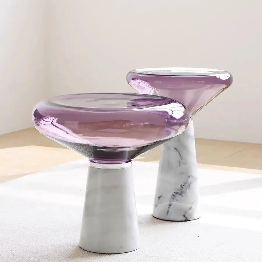 Purple Glass Side Table with White Marble Pedestal Base