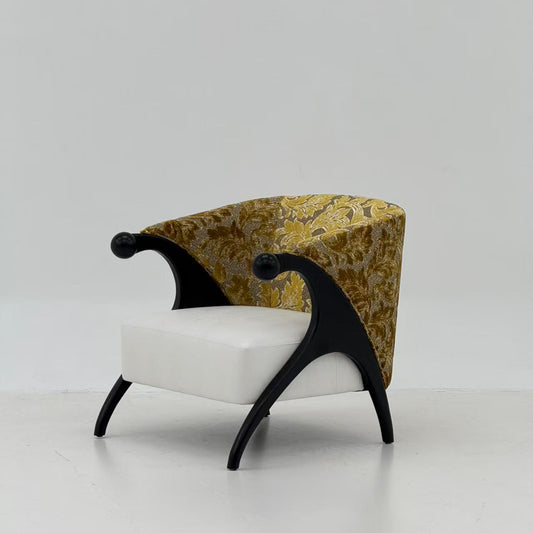Black Solid Wood Accent Chair with Ivory Upholstered Seat, Gold Floral Patterned Barrel Back and Sculptural Curved Arms, French-Inspired Lounge Armchair for Living Room, Bedroom, Reading Nook and Office