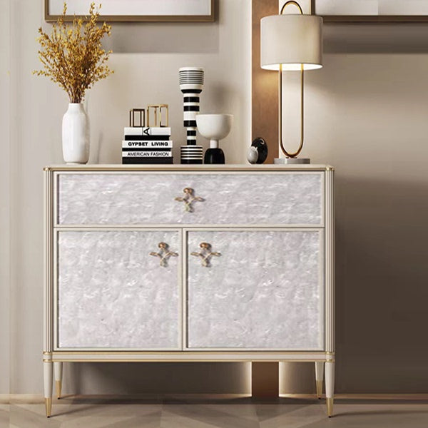 Modern 2-Door Accent Cabinet with Drawer, 35.4-Inch Pearl-Effect Storage Sideboard with Champagne Gold Frame and Tapered Legs, Decorative Entryway Cabinet for Foyer, Living Room or Dining Room