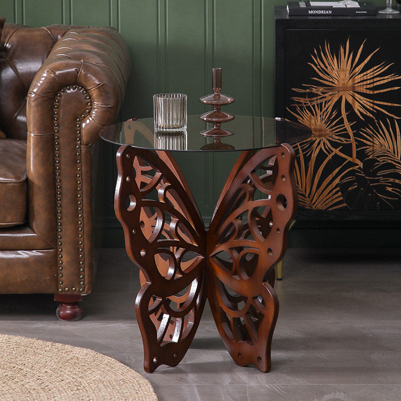 Brown Round Glass Side Table, Solid Wood Butterfly Base