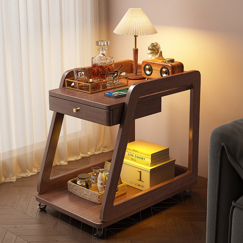 Solid Wood Bar Cart with Drawer, 2-Tier Walnut Serving Trolley