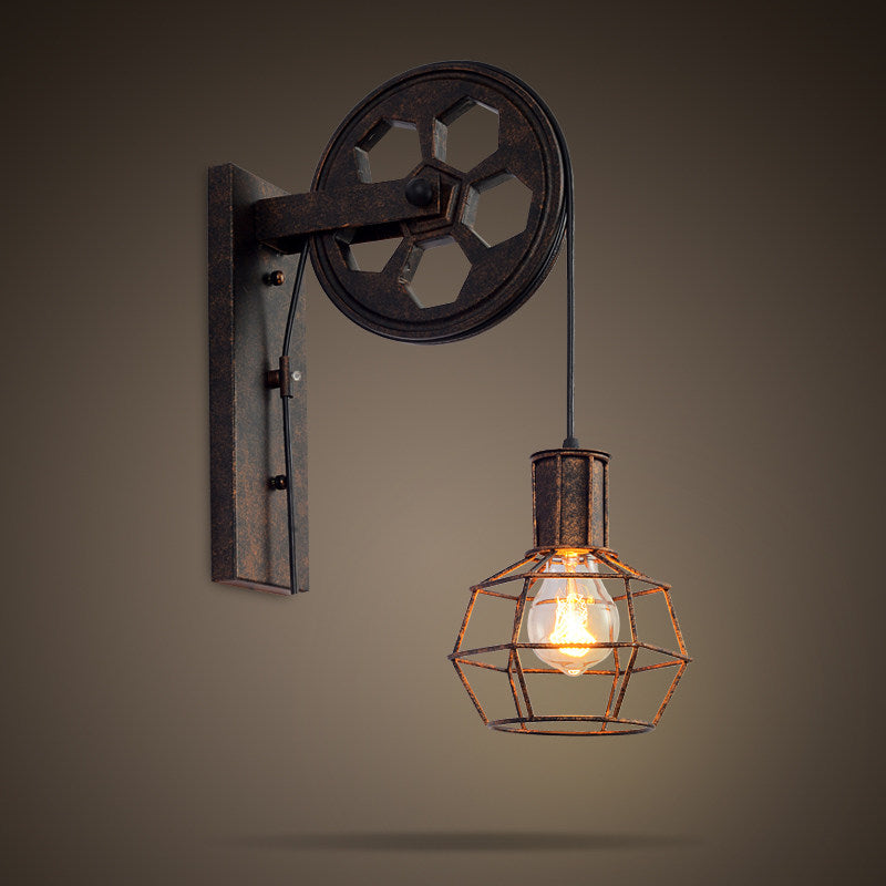Industrial Pulley Wall Sconce, Vintage Loft Wall Lamp with Metal Cage Shade, Adjustable Rustic Wall Light Fixture for Cafe, Restaurant, Hallway, Entryway, Bar, Bedroom