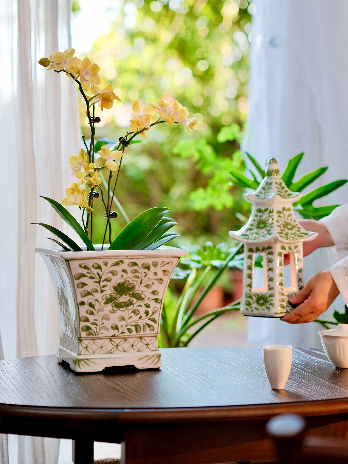 Green Floral Ceramic Planter, Square Decorative Flower Pot for Tabletop