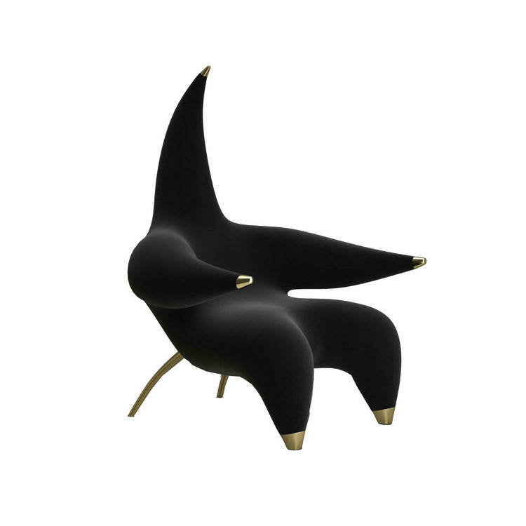 Sculptural Black Accent Chair, Oversized High Back Lounge Chair with Gold Metal Feet, Modern Fiberglass Upholstered Armchair for Living Room, Hotel Lobby, Bedroom, Reception