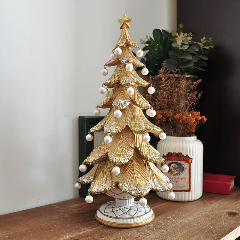 Gold Christmas Tree Tabletop Decor, Resin Holiday Tree Figurine with Pearl Ornaments, Star Topper and Pedestal Base, Elegant Christmas Centerpiece for Mantel, Shelf, Table, Living Room