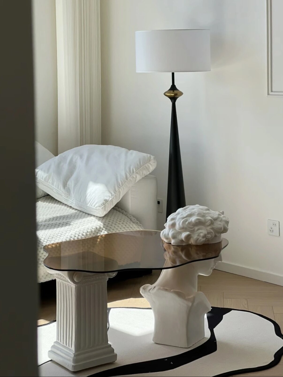 Oval Glass Coffee Table with Classical Bust and Ionic Column Base