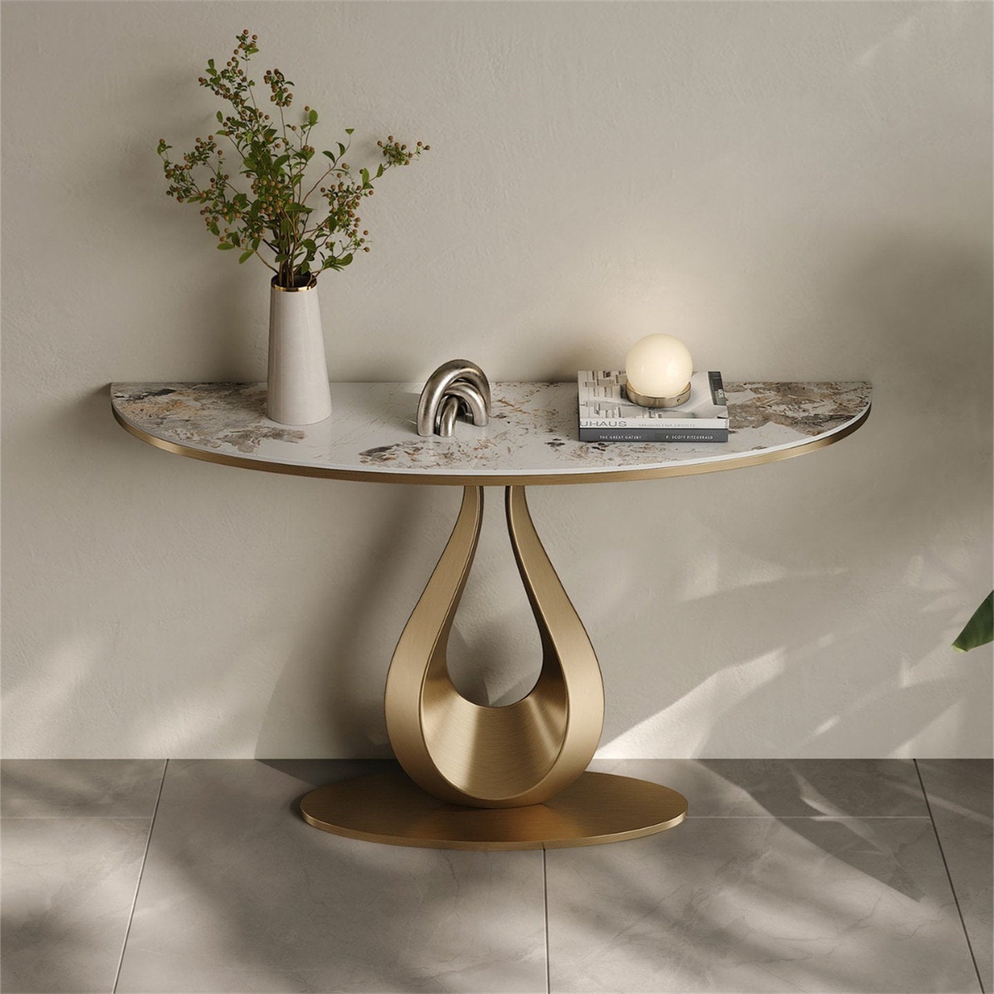 Champagne Gold Half-Moon Console Table, Stone-Look Top