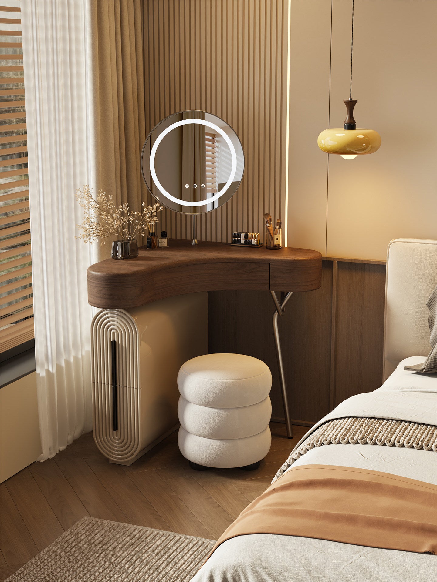 Corner Vanity Table Set with Mirror and Round Stool, Walnut and Khaki Gray