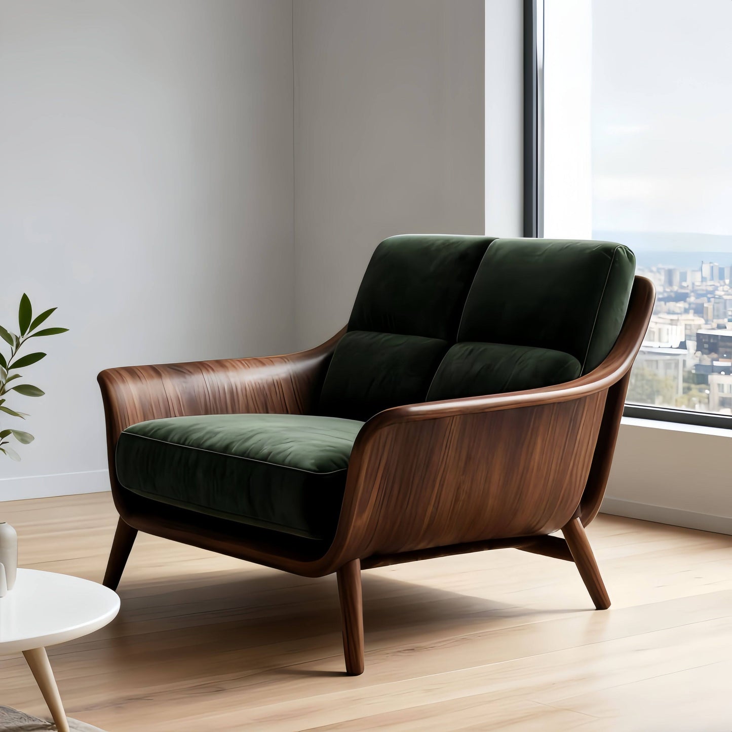 Dark Green Upholstered Accent Chair with Black Walnut Wood Frame