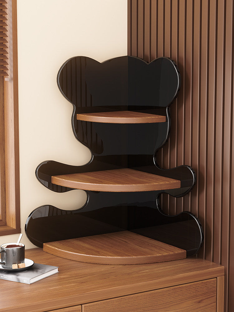 Walnut 3-Tier Corner Storage Shelf, Bear Display Rack, Countertop