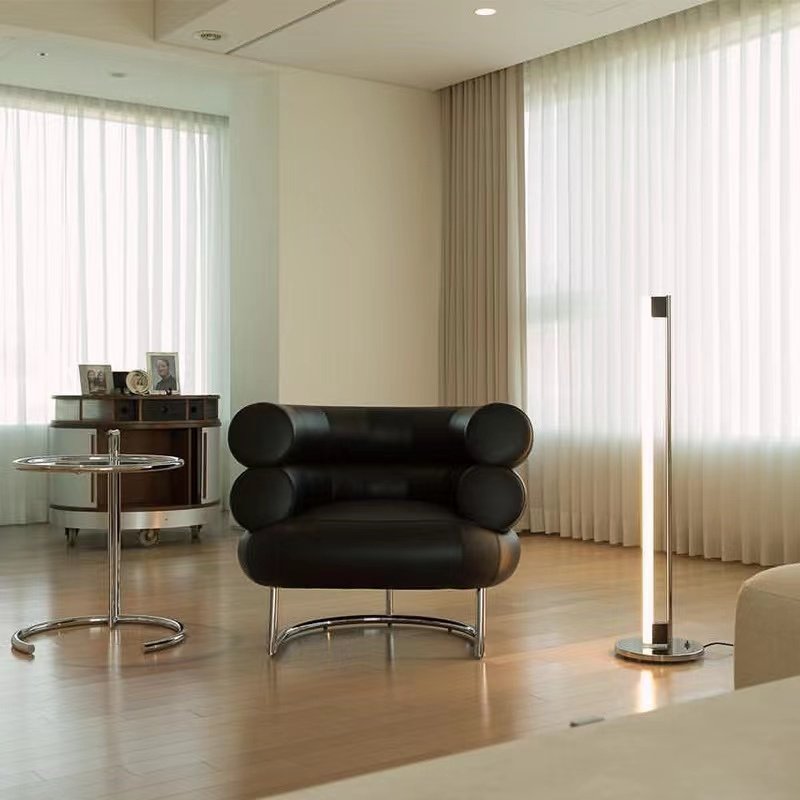Black Leather Cylinder Accent Chair, Modern Tubular Lounge Armchair with Chrome Metal Frame for Living Room, Bedroom, Office and Hotel Lounge