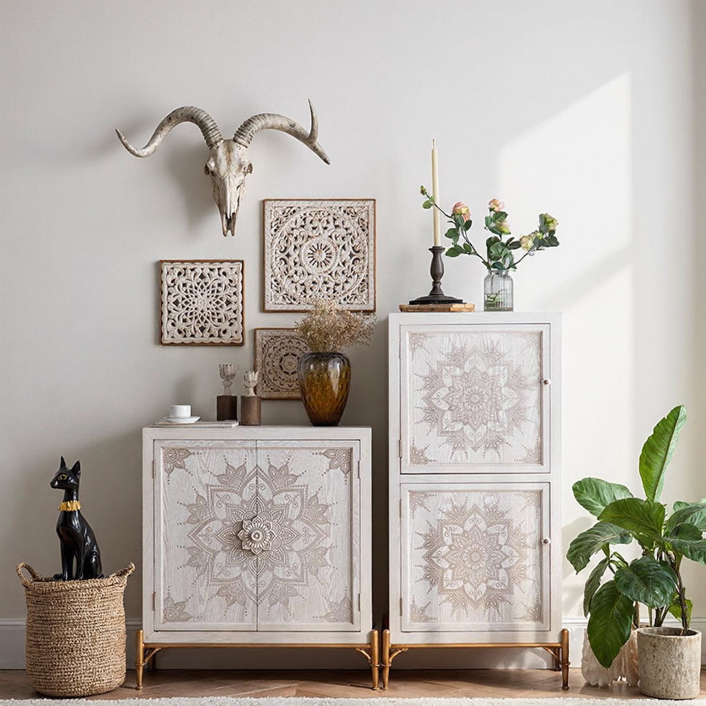 White Mandala Accent Cabinet, Cream Carved 2 Door Storage Cabinet with Gold Legs, Vintage Entryway Cabinet, Small Sideboard, Living Room Credenza and Hallway Console