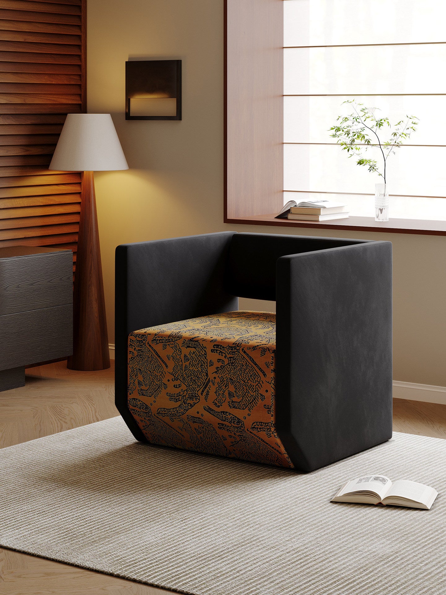 Black Upholstered Cube Accent Chair with Golden Brown Tiger Print Seat, Geometric Square Armchair with Enclosed Back for Living Room, Bedroom, Apartment, Hotel and Reading Corner