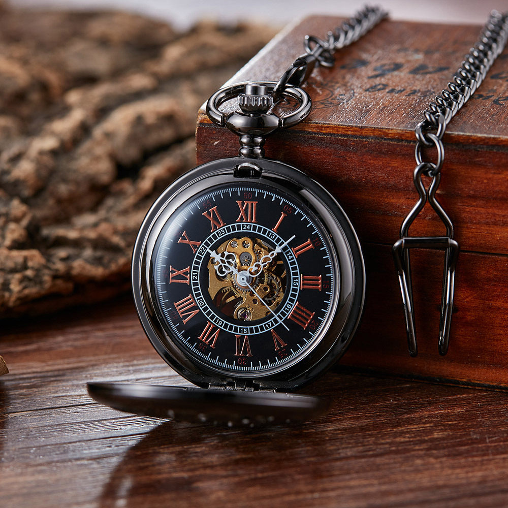 Black Dragon Phoenix Mechanical Pocket Watch, Hollow Skeleton Hand Wind Pendant Watch with Chain, Vintage Steampunk Pocket Watch for Men, Women, Collectors, Gift