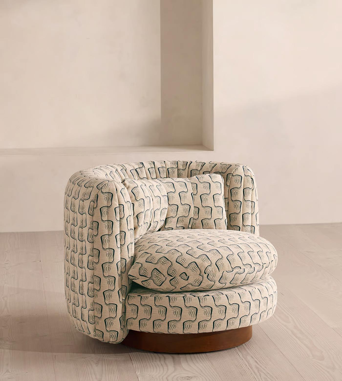 Cream Patterned Swivel Accent Chair with Wood Base for Living Room