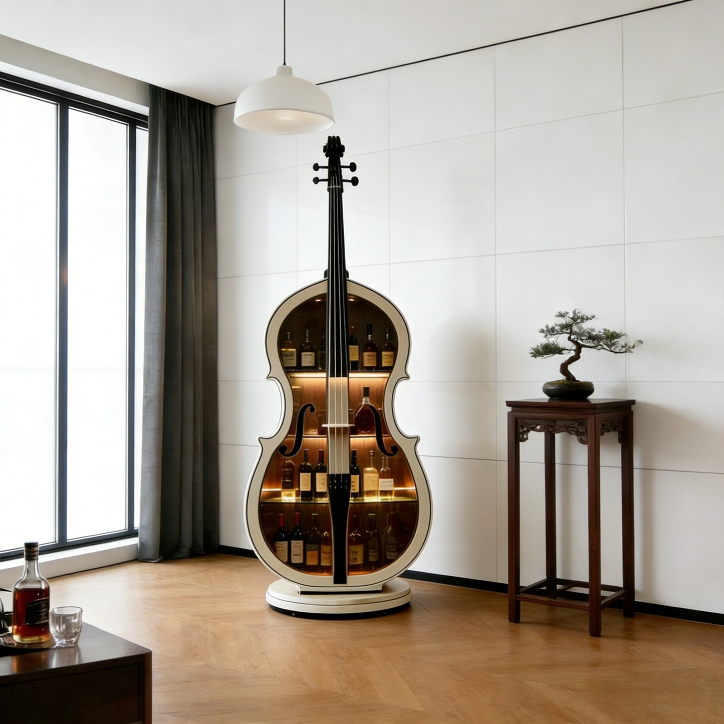Cello Shaped Liquor Cabinet with LED Lighting, Ash Wood Display Storage