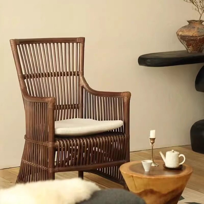 Natural Rattan Armchair with White Cushion, High Back, Vintage Brown