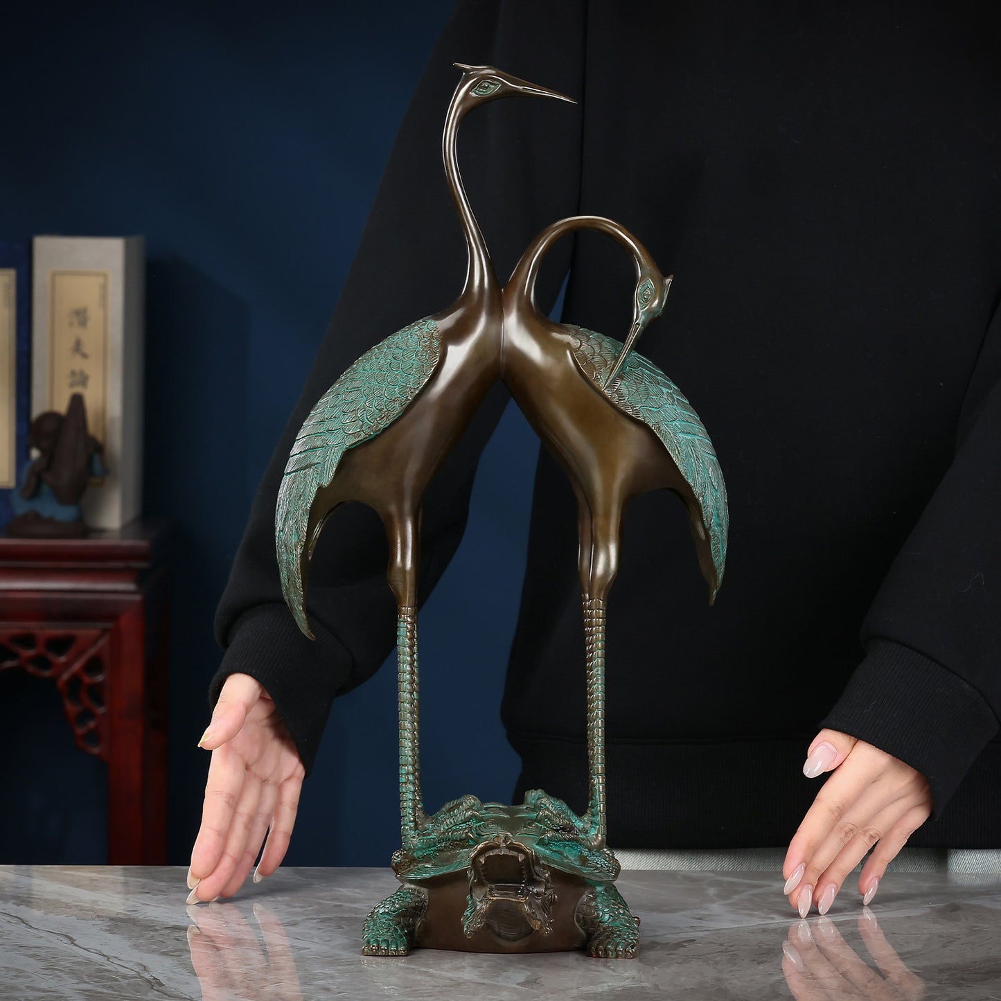 Copper Crane and Turtle Statue, Antique Green Double Crane Figurine with Turtle Base, Decorative Metal Sculpture for Living Room, Office, Tabletop, Birthday and Housewarming Gift