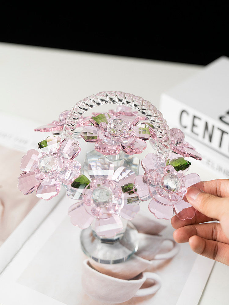 Pink Crystal Flower Basket Figurine, Decorative Floral Tabletop Sculpture