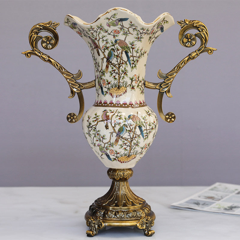 Large Ceramic Urn Vase with Ornate Metal Handles, Bird Floral Design