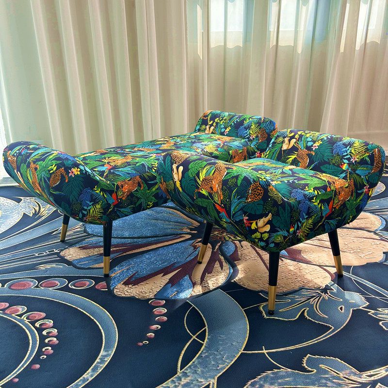 Navy Green Jungle Animal Print Upholstered Bench, Curved End-of-Bed Accent Ottoman with Black and Gold Legs, Modern Vintage Entryway Bench for Bedroom, Living Room, Foyer and Walk-In Closet