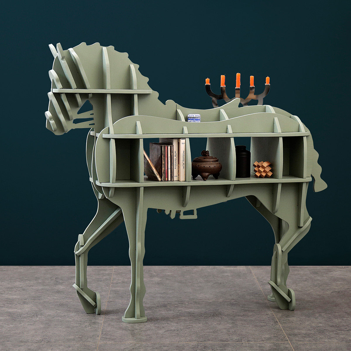 Sage Green Horse Bookcase with Open Display Shelves, 58.7 In Wide