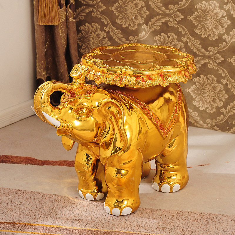 Gold Elephant Stool, Large Decorative Elephant Side Table, Lucky Elephant Accent Stool with Raised Trunk, Luxury Animal Figurine Stand for Living Room, Entryway, Bedroom, Housewarming Gift
