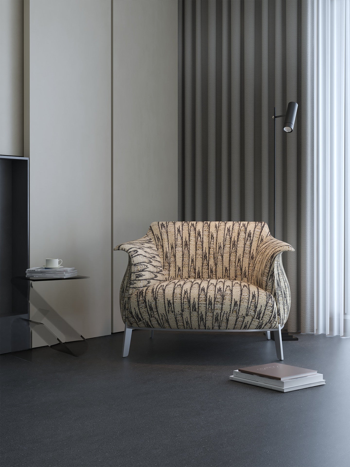 Ivory and Black Abstract Stripe Fabric Accent Armchair, Modern French-Inspired Curved Lounge Chair with Wraparound Arms and Slim Silver Legs for Living Room, Bedroom, Balcony and Reception Area