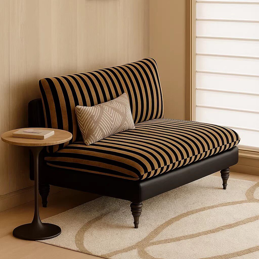 Brown Striped Loveseat with Cushions and Black Faux Leather Frame