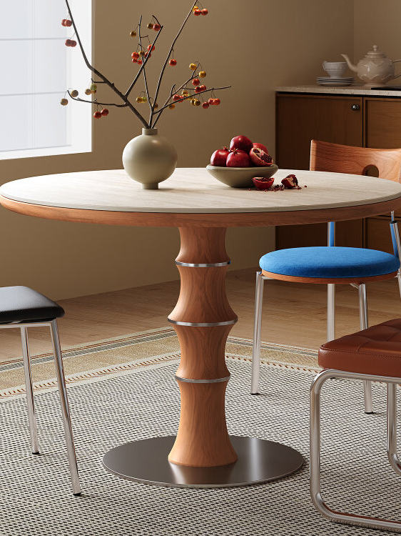 Round Pedestal Dining Table, Travertine Look Sintered Stone Kitchen Table with Wood Tone Center Base and Metal Foot, Modern Small Dining Table for Apartment, Breakfast Nook, Dining Room, and Cafe
