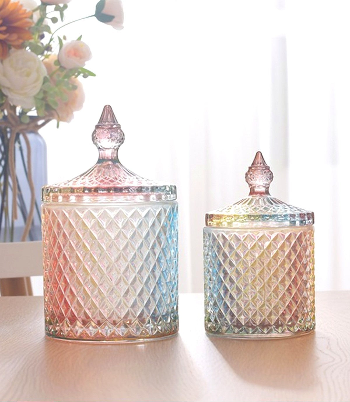 2-Piece Iridescent Glass Apothecary Jar Set with Lids, Decorative Cotton Ball &amp; Swab Storage Canisters, Vanity Organizer for Bathroom, Makeup Table and Home Décor