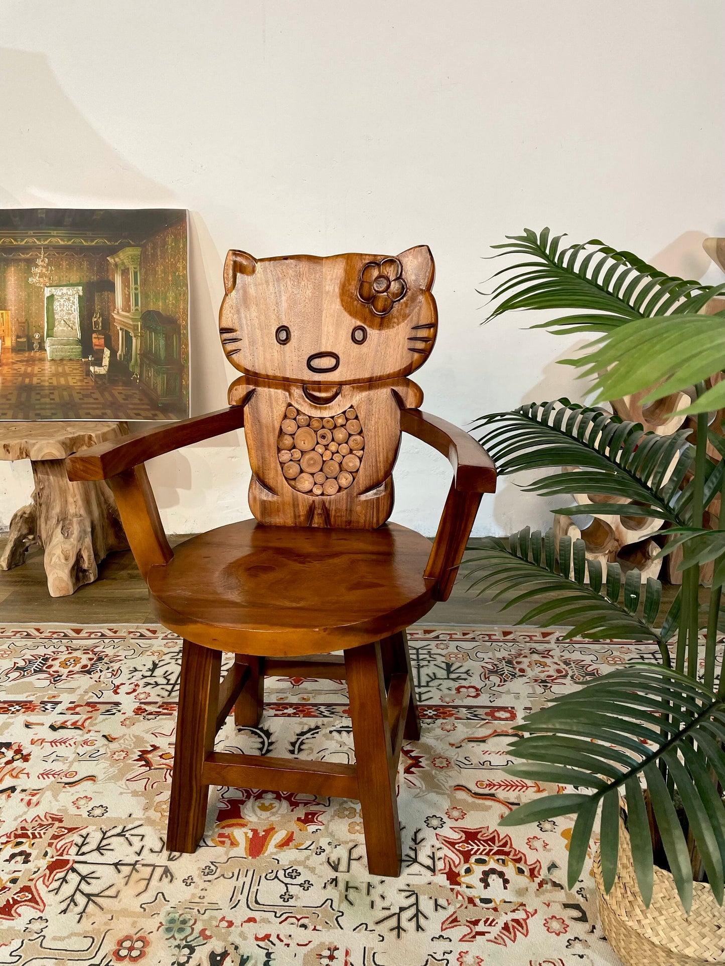 Solid Wood Cat Armchair with Carved Backrest, Walnut Brown