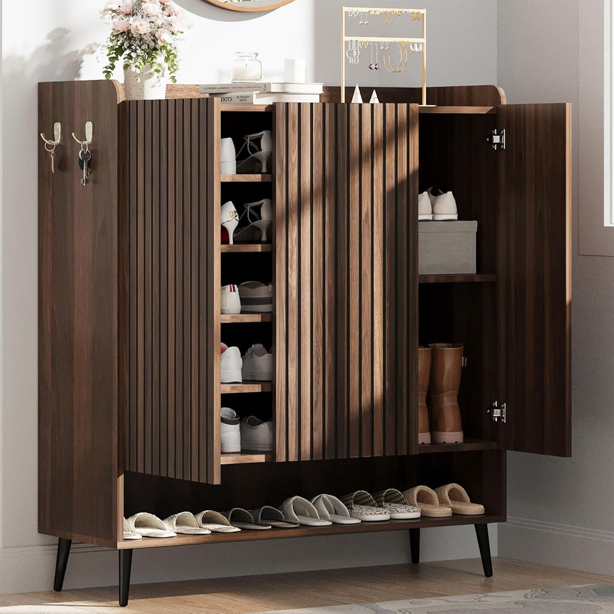 Walnut Fluted Shoe Cabinet with 3 Doors and 6-Tier Storage