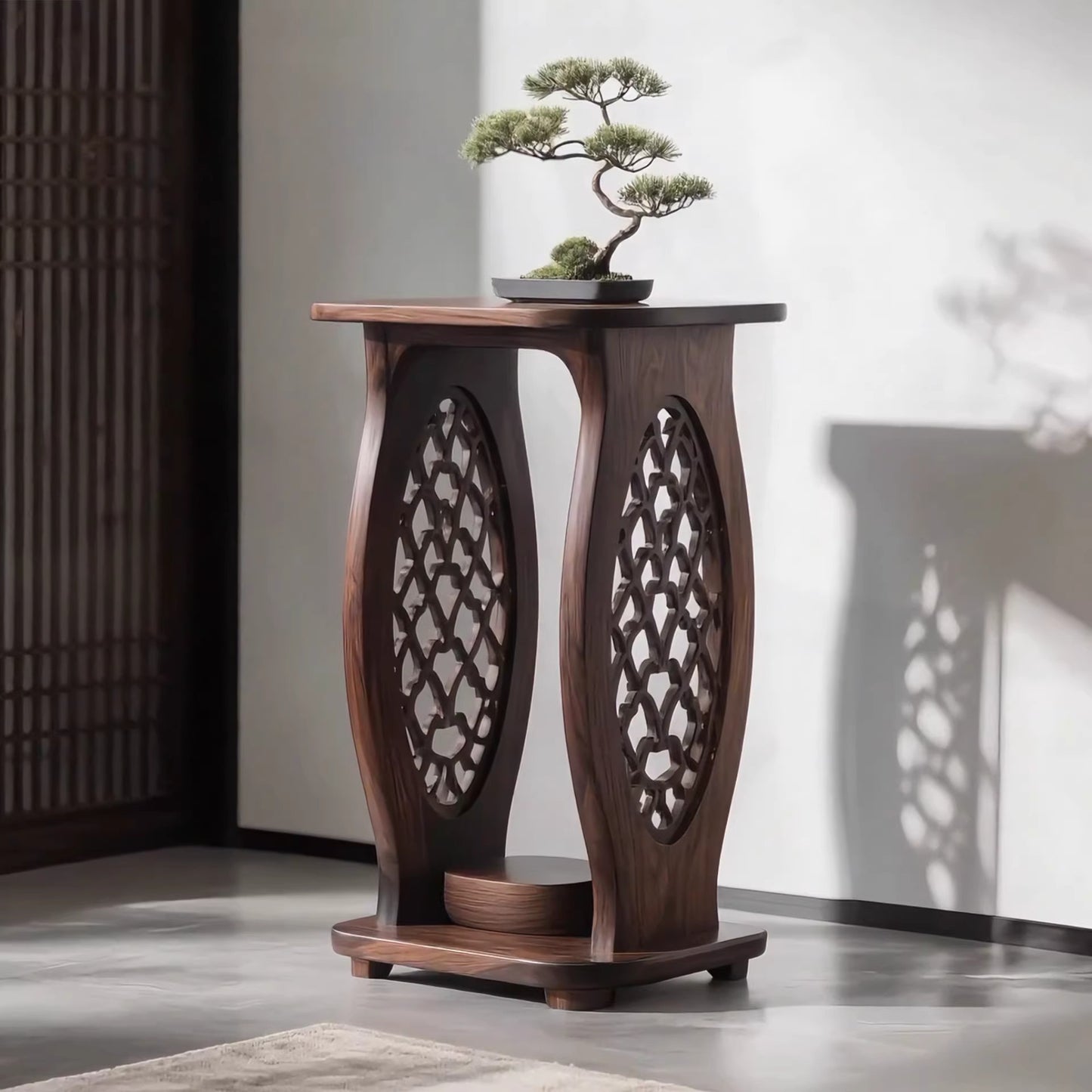 Solid Black Walnut End Table, Round Accent Side Table with Openwork Carved Base, Modern Wooden Sofa Side Table for Living Room, Bedroom, Reading Nook &amp; Small Spaces