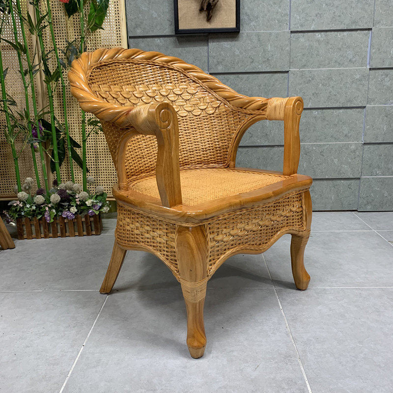 Natural Rattan Armchair with Woven Cane Seat and Curved Back