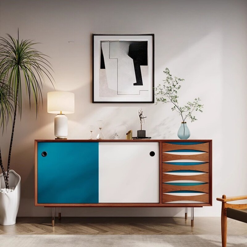 Blue and White Mid Century Style Sideboard Cabinet, 55 Inch Solid Wood Buffet Credenza with Sliding Doors and Wave Front Drawers, Modern Storage Cabinet for Dining Room, Living Room, Entryway, Hallway, and Kitchen