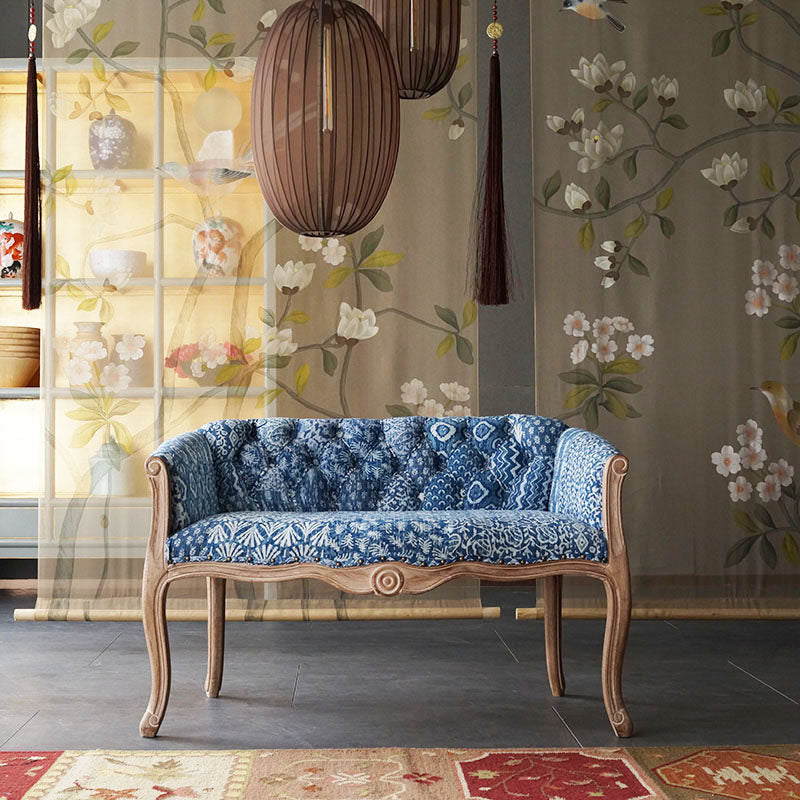 Blue Patchwork Wood Loveseat with Curved Arms and Upholstered Back
