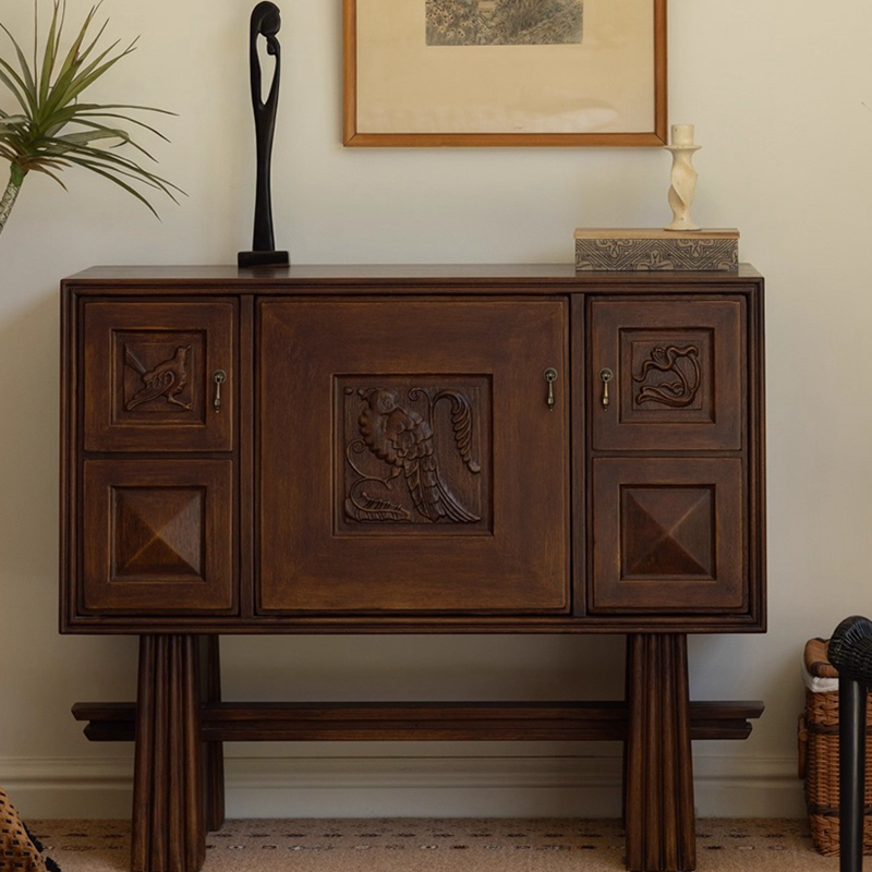 Solid Wood Sideboard Cabinet, Carved Accent Credenza with 5 Doors
