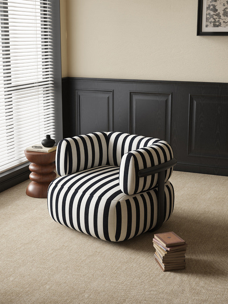 Black and White Striped Fabric Accent Chair with Rounded Cushions and Black Carbon Steel Tubular Frame, Modern Retro Lounge Armchair for Living Room, Bedroom, Apartment and Hotel