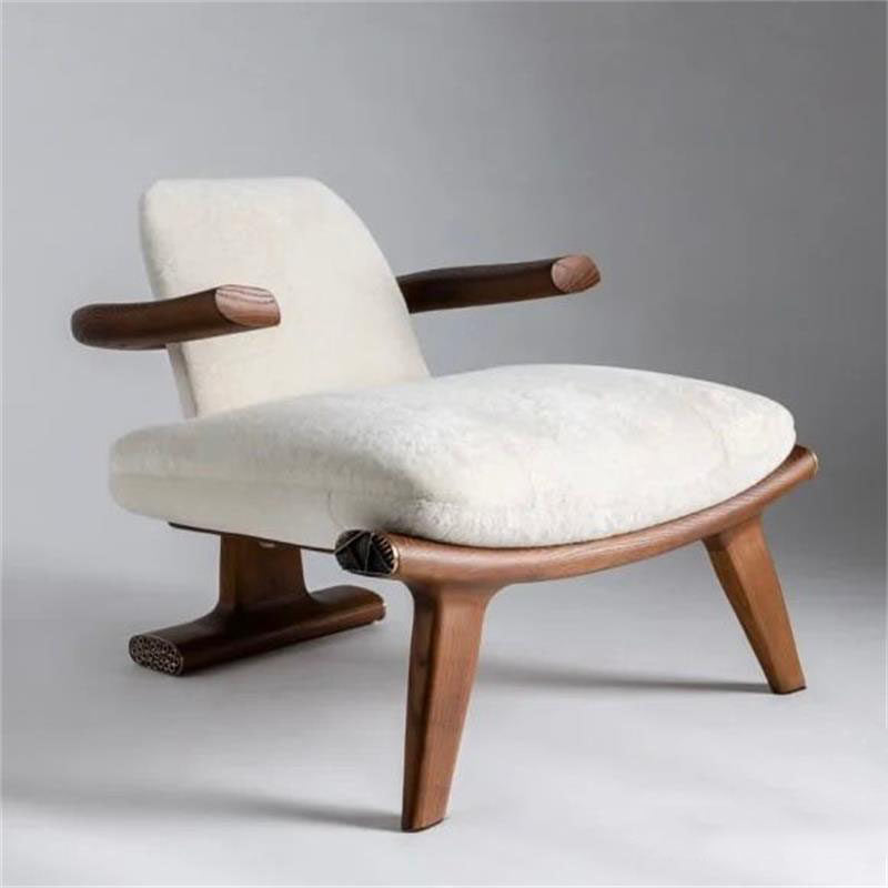 Walnut Wood Sherpa Accent Chair, Modern Solid Wood Lounge Armchair with Upholstered Seat and Back, Mid Century Single Sofa Chair for Living Room, Bedroom, Reading Nook, Hotel Lounge