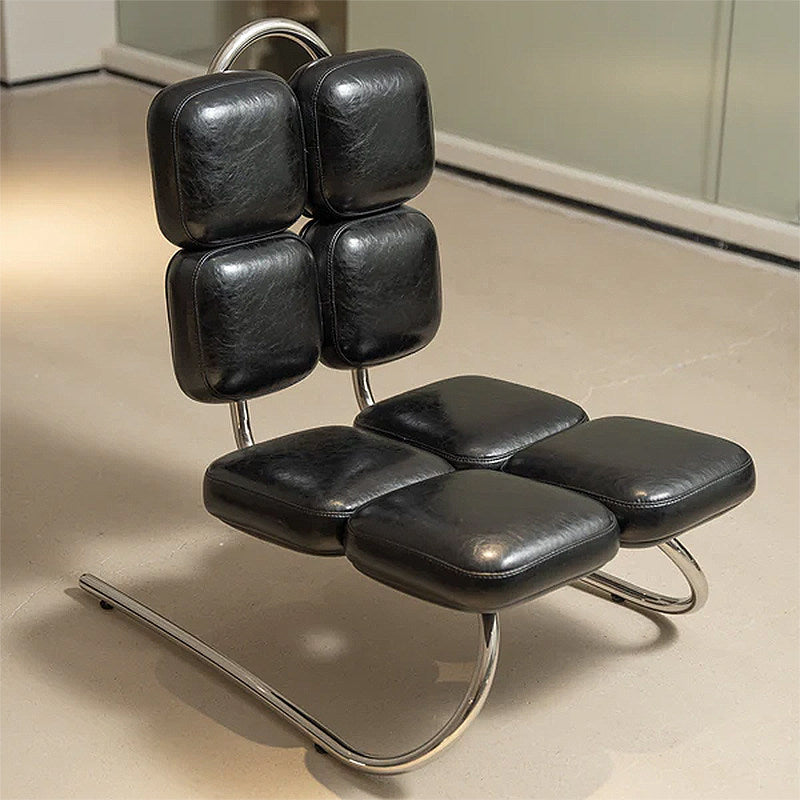 Black Upholstered Lounge Chair, Chrome Tubular Frame, Geometric Cushions
