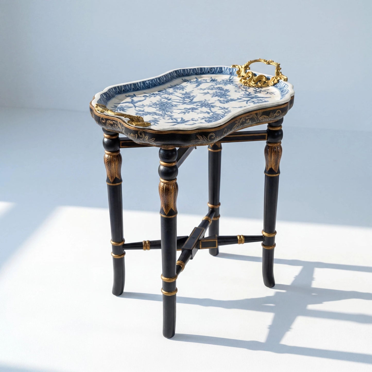 Blue and White Ceramic Tray Side Table with Brass Tone Handles, Hand Painted Porcelain Accent Table, Black Leg End Table for Living Room Bedroom Coffee Tea Table