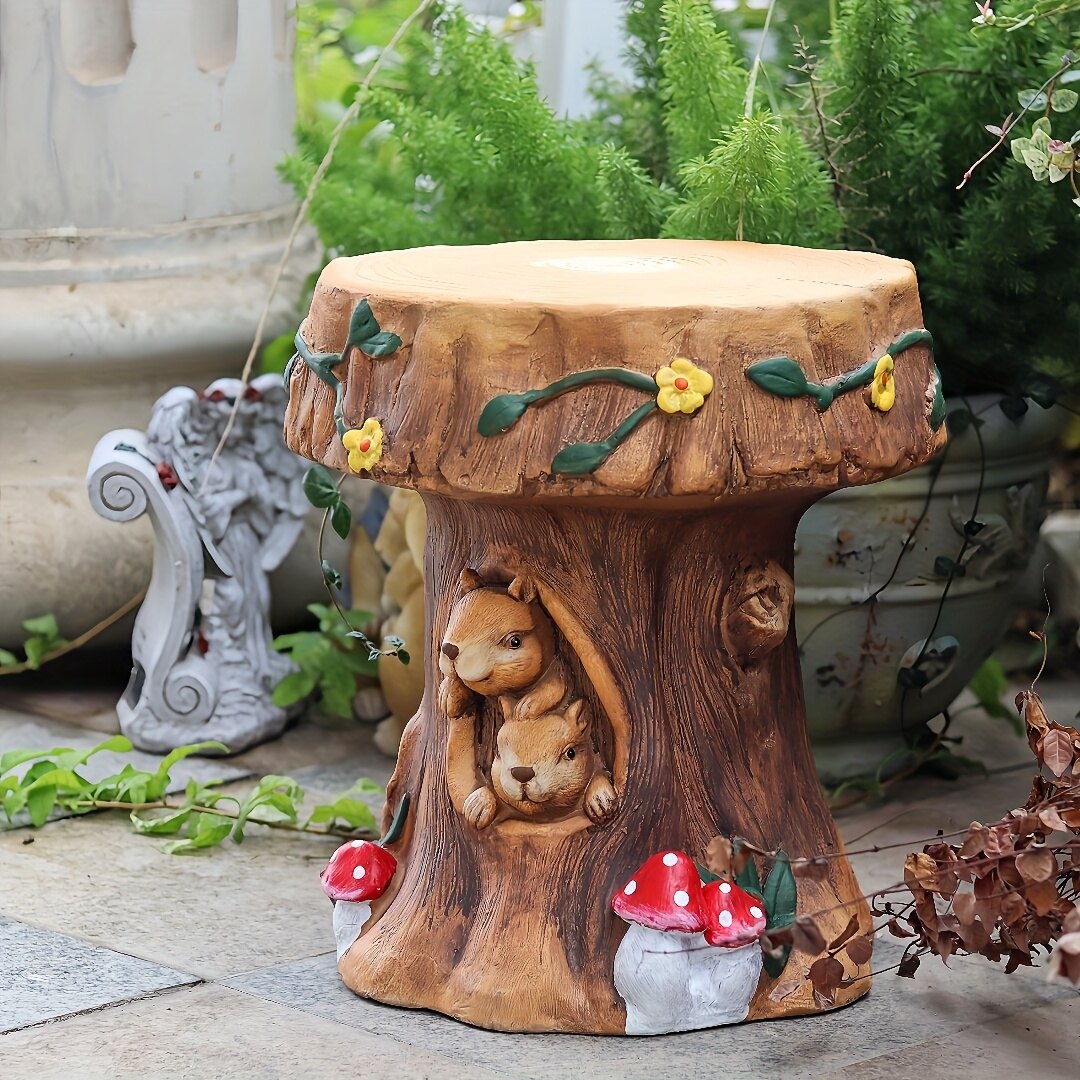 Tree Stump Stool 13 Inch, Squirrel Mushroom Garden Seat and Outdoor Decor