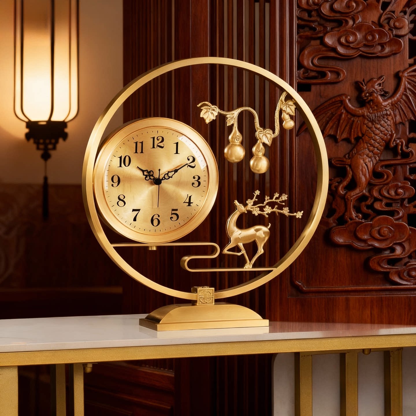 Modern Brass Table Clock with Deer &amp; Gourd Sculpture, Silent Analog Desk Clock, Decorative Metal Mantel Clock for Living Room, Office, Bookshelf, Console Table &amp; Home Décor, Gold Finish