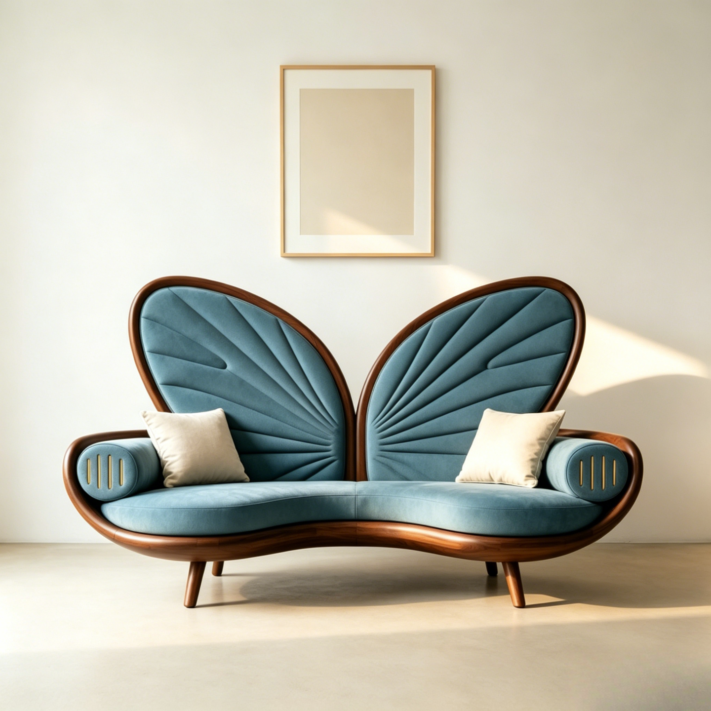 Blue Butterfly Back Ash Wood Loveseat with Accent Pillows